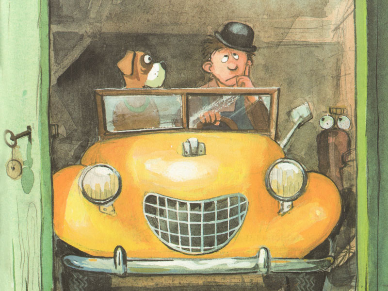 Иллюстрация Йенса Альбума к книге Георга Юхансона «Мулле Мек собирает автомобиль»