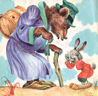 Иллюстрация Евгения Медведева к сказке «Лиса, заяц и петух»