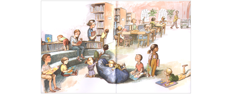 1 Иллюстрация Кевина Хоукса к книге Мишель Кнудсен «Лев в библиотеке»