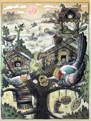 Иллюстрация Евгении Лоцмановой к книге Алексея Толстого «Сорочьи сказки»
