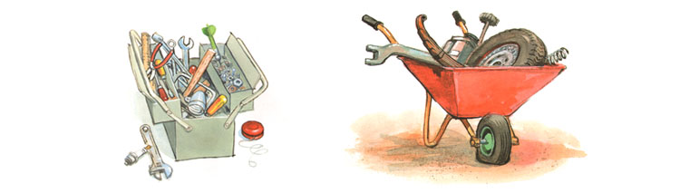 Иллюстрации Йенса Альбума к книге Георга Юхансона «Мулле Мек собирает автомобиль»